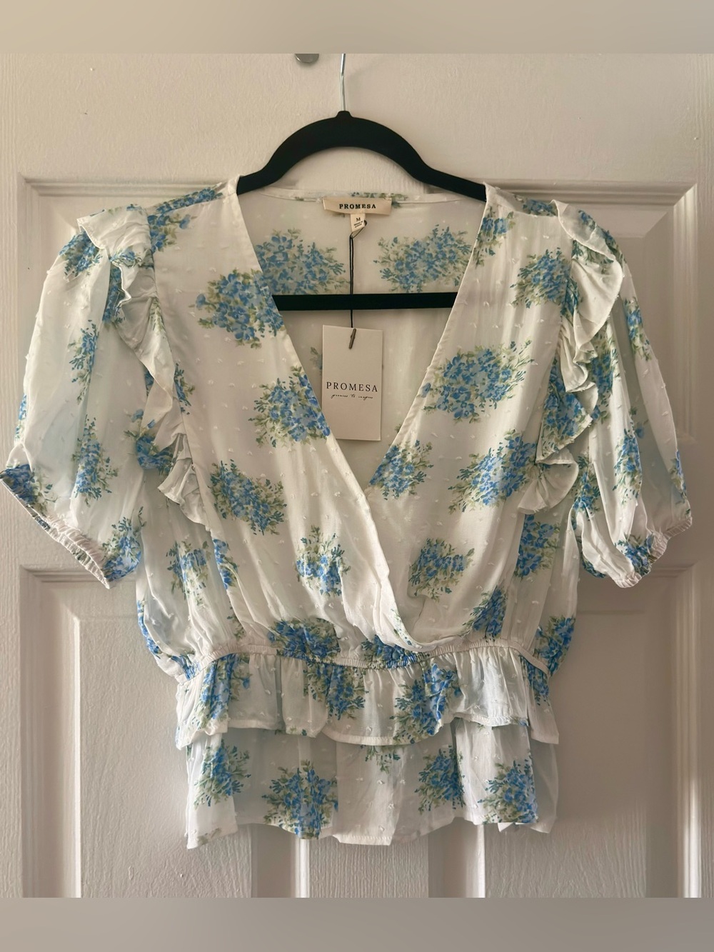 Promesa White Floral Wrap Peplum Top with Blue Bouquet Print
